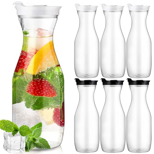 6 Pcs Plastic Water Carafe with Lid 32 Oz Clear (White, Black Cap)