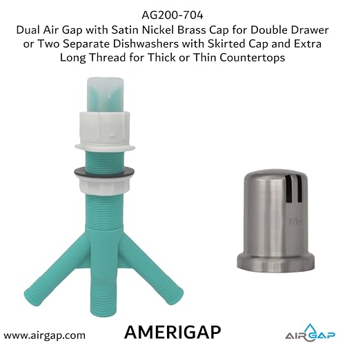 Dual Air Gap with Satin Nickel Brass Cap for Double Drawer or Two Separate Dishwashers with Skirted Cap and Extra Long Thread for Thick or Thin Countertops (AG200-704)