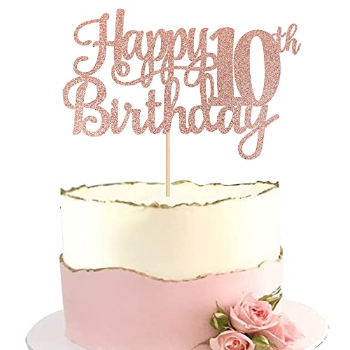 1 PCS Happy 10th Birthday Cake Topper Glitter Cheers to 10 Years Birthday Cake Pick 10 Fabulous Double Digits Cake Decoration for Happy 10th Birthday Theme Party Decorations Supplies Rose Gold (Rose Gold / 10th)