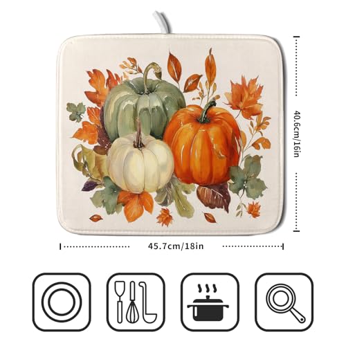 Fall Pumpkin Dish Drying Mat Autumn Leaves Absorbent Dishes Pad 16x18 Inch Seasonal Microfiber Dish Drainer Rack Mat for Kitchen Countertop (Fall Pumpkin / 16x18 inch)