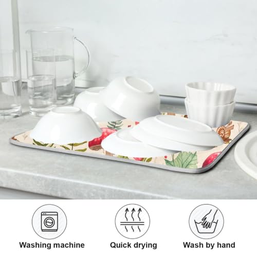 Mushroom Forest Fern Leaves Dish Drying Mat for Kitchen Counter Absorbent Microfiber Drying Pad (18" x 24")