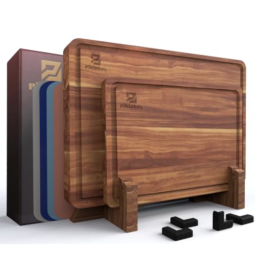 Large Acacia Wood Cutting Board Set for Kitchen with Storage Stand (Brown)