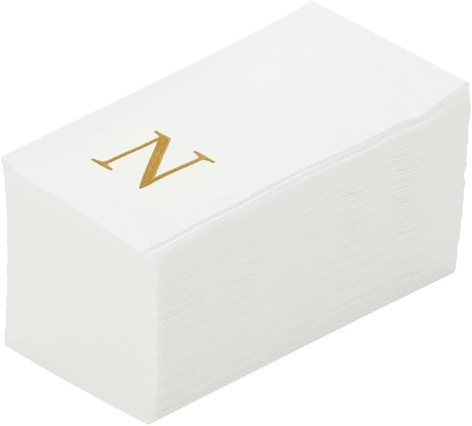 Luxenap 15.8 X 7.9 Inch Linen-Feel Guest Towels, 2000 Lettered Hand Towels - Gold Letter 'N', Sans Serif Font, White Paper Dinner Napkins, airlaid, For Restrooms And Tables