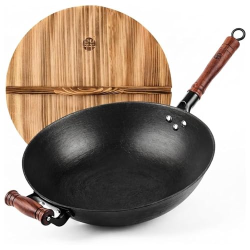 14.2 Inch Cast Iron Wok with Wooden Lid & Handle (14.2 Inch)