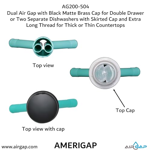 Dual Air Gap with Black Matte Brass Cap for Double Drawer or Two Separate Dishwashers with Skirted Cap and Extra Long Thread for Thick or Thin Countertops (AG200-504)