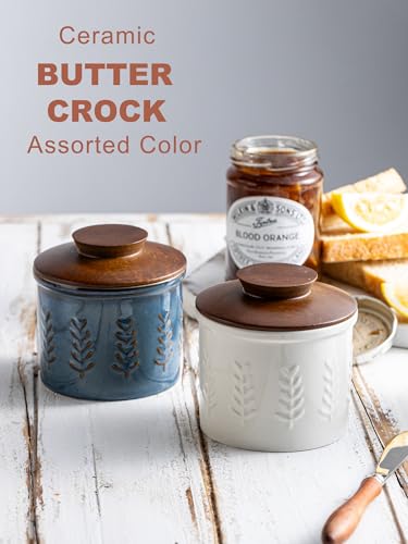 Butter Crock Ceramic Butter Dish with Lid for Countertop (White / Leaf-3.94"dia)
