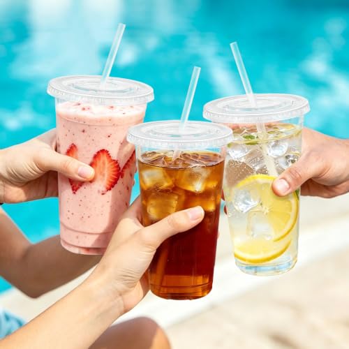 100 Pack 24 oz Clear Plastic Cups with Lids and Straws Disposable (Clear / 24 oz)