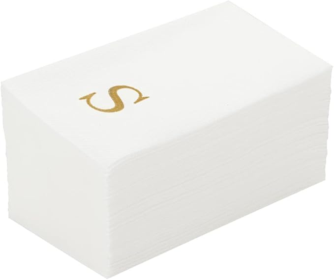 Luxenap 15.8 X 7.9 Inch Linen-Feel Guest Towels, 50 Lettered Hand Towels - Gold Letter 'S', Sans Serif Font, White Paper Dinner Napkins, airlaid, For Restrooms And Tables