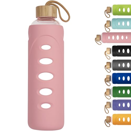 32 oz Narrow Mouth Glass Water Bottle with Windowed Silicone Sleeve (Pink)