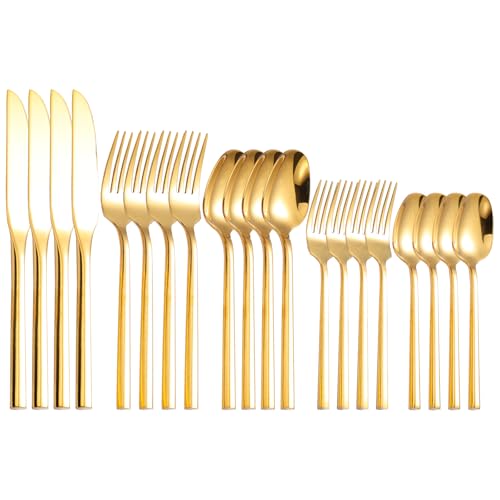 Mirror Silverware Set Gold Flatware Set with Hexagon Handle 20 Pieces 18 (Gold Mirror)