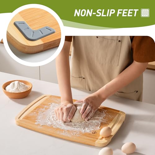 Bamboo Cutting Board Set Non Slip Feet Over Sink Brides Her Wedding Day Bridal Shower Engaged Engagement Hostess Couple Newly Wed House Christmas Married Future Mrs fiancee Unique Cool Gifts (2-Piece / Two-Tone Bamboo)