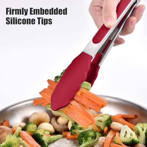 Kitchen Tongs with Silicone Tips for Cooking Serving (Set of 2 (9+12in) / Red)