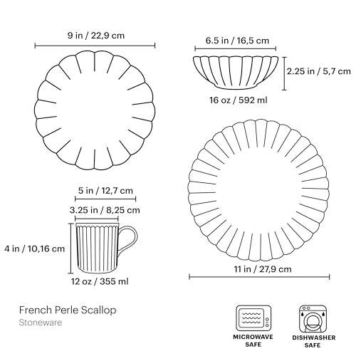 French Perle Scallop White Stoneware 4 (4-Piece Place Setting White / White)
