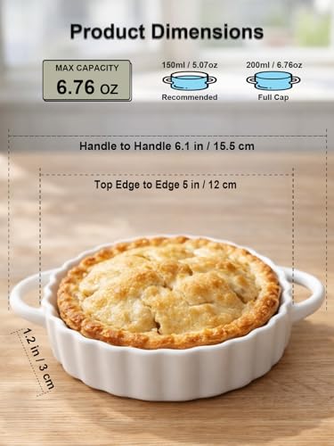 5in Ceramic Mini Pie Pan Set of 6 with Handles for Pie Quiche Tart. Easy to grip (White / 5IN*1.2IN)