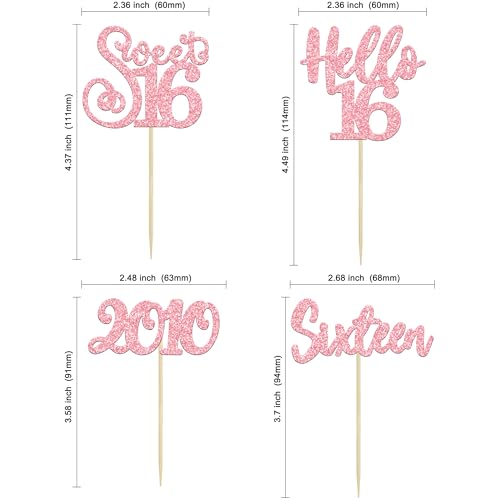 24Pcs Happy 16th Birthday Cupcake Toppers Glitter Hello 16 Sweet 16 Sixteen Years Old Cupcake Picks for Celebrating 16th Birthday Anniversary Party Cake Decorations Supplies Pink (24 Count)