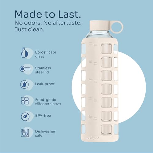 40oz / 32oz / 22oz / 12oz Borosilicate Glass Water Bottle with Time & Volume Markers, Silicone Sleeve, Stainless Steel Lid | Reusable Glass Bottle for Water & Juice (32oz Pearled Ivory) (Pearled Ivory (1 Count) / 32 Ounces)