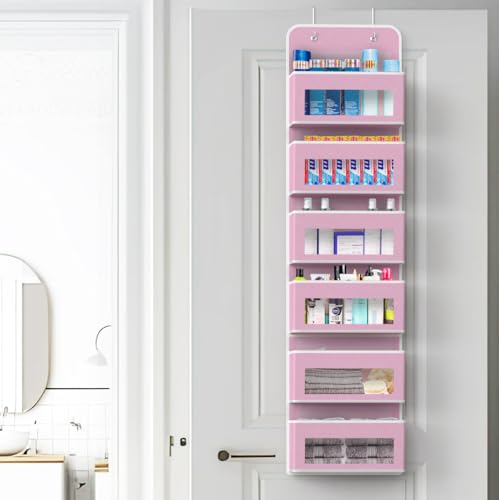 6 Clear Window Pocket Over Door Hanging Organizer (6 Pockets / Pink)