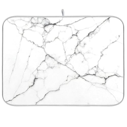White Grey Marble Dish Drying Mat for Kitchen Counter Absorbent Microfiber Drying Pad (18" x 18")