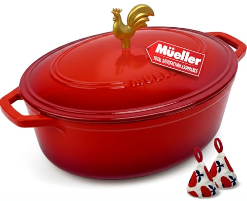 MUELLER HOME 5.5 Quart Enameled Cast Iron Oval Dutch Oven w Rooster Knob & Cotton Potholders (5.5 Quart -Oval / Red)