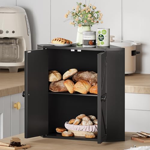 Corner Bread Box for Kitchen Counter Double Layer Bamboo Bread Storage Container Large Capacity Bread Storage Bin Farmhouse Breadbox Organizer (Black)