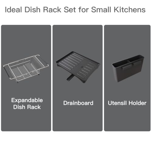 Expandable Dish Drying Rack Over Sink with Extra Drainboard (Silver / For 11.5"-16" W Sink with Cup Holder & Drainboard)