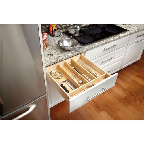 Trim-to-Custom-Fit Silverware Drawer Organizer For Kitchen Utensils, Cutlery Cabinet Storage Divider Insert, 23.98 x 21.97 In, Maple Wood, 4WUT-3 (24" W / Standard)
