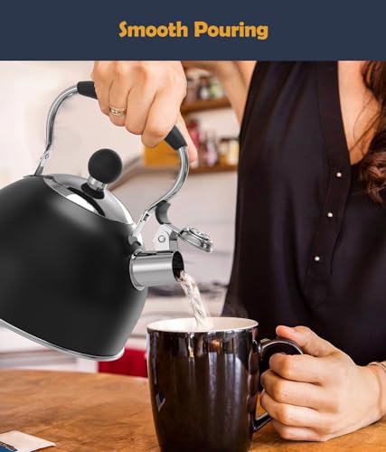 Tea Kettle 2 Quart Stainless Steel Whistling Tea Kettle (Black)