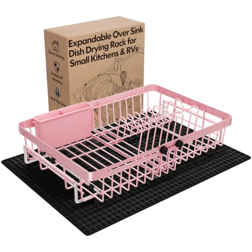 Pink Expandable Dish Drying Rack Over Sink with Extra Drying Mat (Pink / For 13"-30" W Sink with Mat)