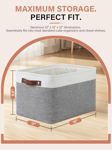 4 Pack Large Fabric Baskets for Storage 15"x11"x9.5" Storage Bins for Organizing Linen Closet Baskets with Handles (White&Grey / L-15"x11"x9.5")