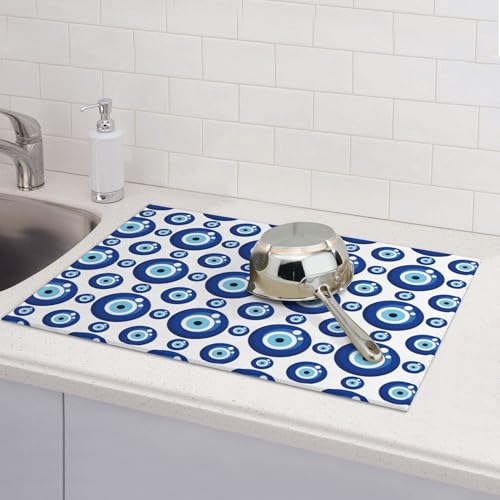 Blue Evil Eyes Microfiber Dish Drying Mat for Kitchen Counter 18"x24" Funny Dishes Pad Dish Drainer Rack Mats Absorbent Washable Reusable (Blue / 18 x 24 inch)