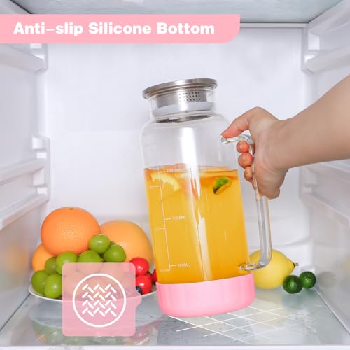 68oz Glass Pitcher with Lid and Handle for Fridge (Pink Silicone)