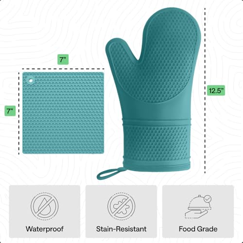 BPA Free Silicone Oven Mitts and Pot Holders Set (Turquoise / 12.5" Oven Mitts + 7" Trivets)