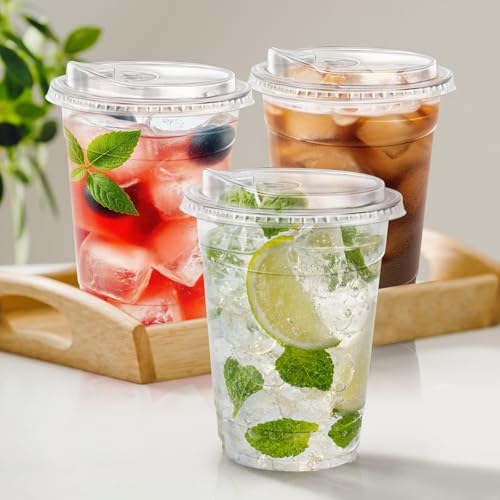 100 Pack 16 oz Clear Plastic Cups with Sip Lids (100 Count)