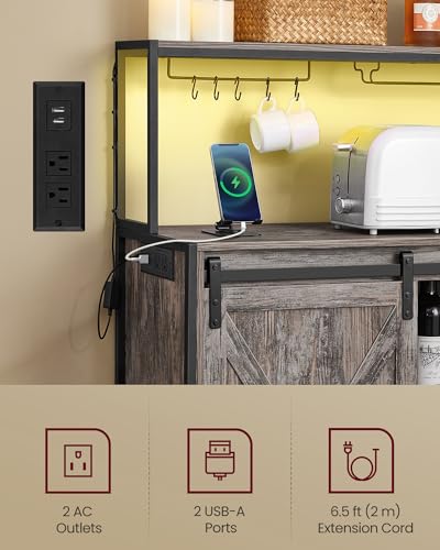 Coffee Bar Buffet Cabinet with LED Light and Power Outlet (With Power Outlet and Light / 14.2"D x 47.2"W x 44.9"H / Maple Gray)
