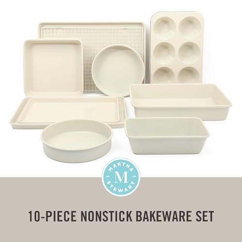 Gallen 10 Piece Baking Pans Ceramic PFA Free Non Toxic Non Stick Bakeware Set (Linen White / 10-Piece Bakeware Set)