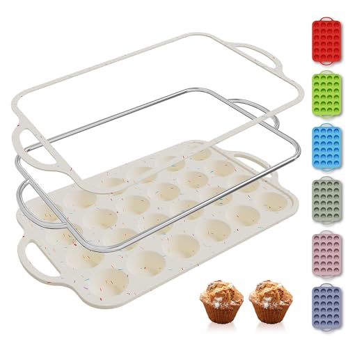24 Cups Silicone Muffin Pan with Metal Reinforced Frame Mini Size Cupcake Pan Tray Egg Bites Silicone Circle Cookie Molds Muffin Tin Tart Pans Non Stick Toxic Oven Safe Baking Sheet Set (Mini / Cream)
