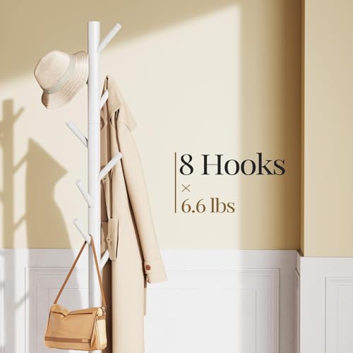 Solid Wooden Coat Rack Freestanding with 8 Hooks (White)