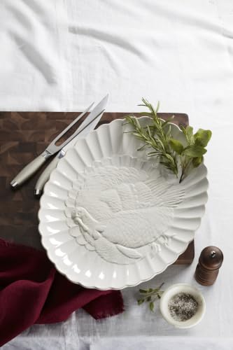 French Perle White 18in Large Serving Platter Carved Turkey Stoneware (Turkey Platter / White)