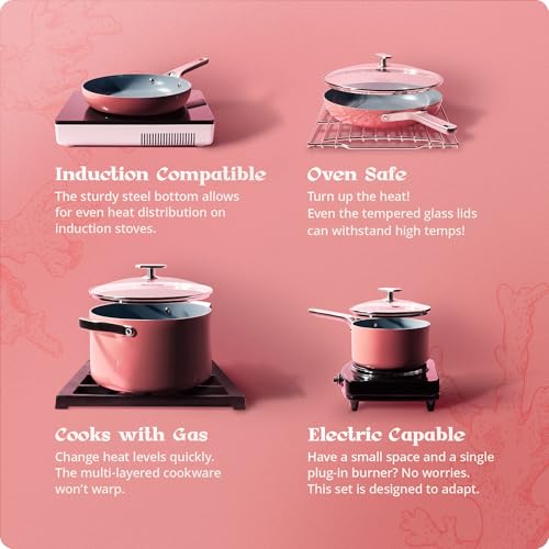 Premium Non Toxic Ceramic Cookware Set (12 Piece Kit / Coral Pink)