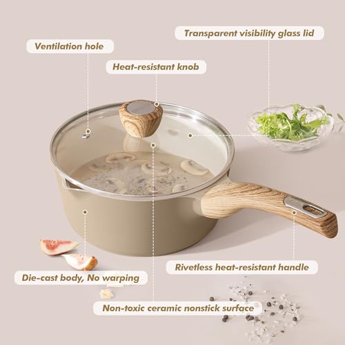 2.0 & 3.0 Quart Ceramic Sauce Pan Sets with Lid (Ceramic Taupe / 2.0 + 3.0 Quarts)