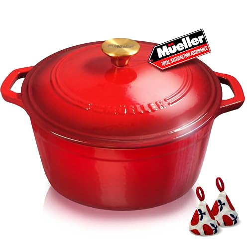 Mueller 6QT Enameled Cast Iron Dutch Oven with Lid (6 Quart -Round / Red)