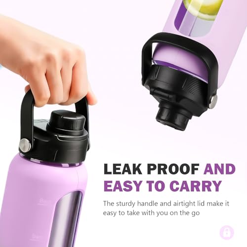 32 oz Glass Water Bottle with Straw and 2 Lids (Light Purple / 32 Ounces)
