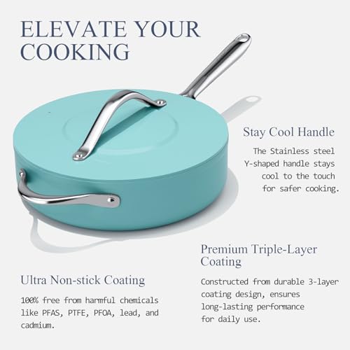 Premium Ceramic Sauté Pan with Lid (Caribbean Blue)