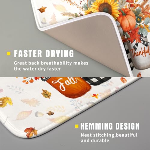 Autumn Pumpkin Dish Drying Mat 16x18 Inch Sunflower Flower Vase Washable Draining Mat with Hanging Loop Seasonal Holiday Home Decoration (Pumpkin Vase / 16" x 18")