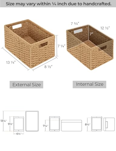 Wicker Storage Baskets for Shelves (Light Brown (Paper Rope) / 2x 13"L x 8¼"W x 7"H)