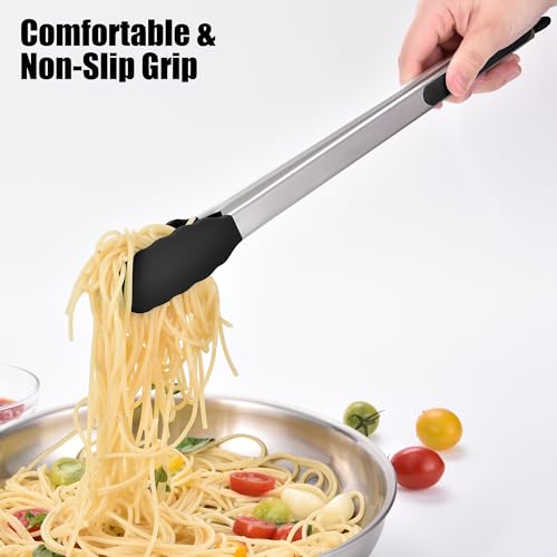 Kitchen Tongs with Silicone Tips for Cooking Serving (16in / Black)