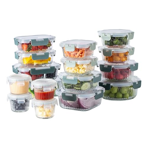 Premium 32 Pc. Borosilicate Glass Food Container Set with Dividers (Fluted Ombre Green)