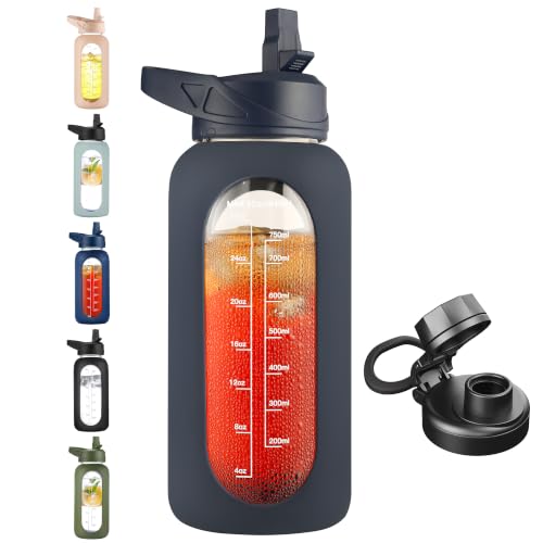 32 oz Glass Water Bottle with Straw (Modern Dark Blue / 32 Ounces)