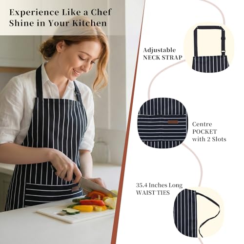 2 Pack Cooking Aprons Adjustable Bib Apron for Women with 2 Pockets (Black/Black Stripes)