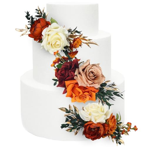3Pcs Pre made Cake Topper Cake Decorating Flowers for Cake Decor Boho Burnt Orange Fall Cake Flowers for Wedding Baptism Birthday Party Bridal Baby Shower (3 Count)